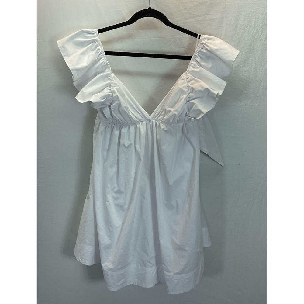 day & moon White Ruffle Poplin‎ Mini Dress Cottagecore Milkmaid Size LG Tie Back